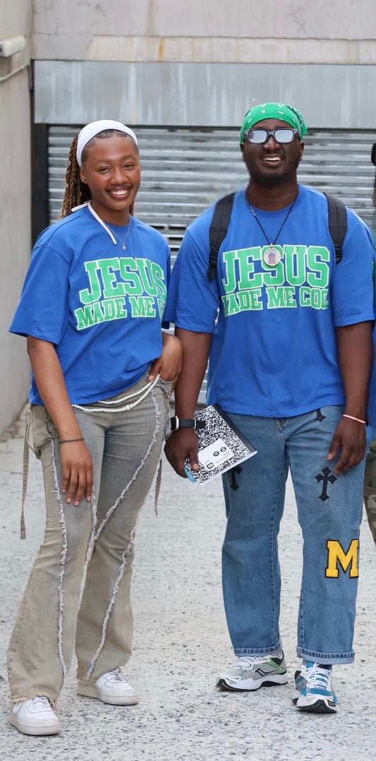 “Jesus Made Me Cool” Slight Cropped Tee – Blue